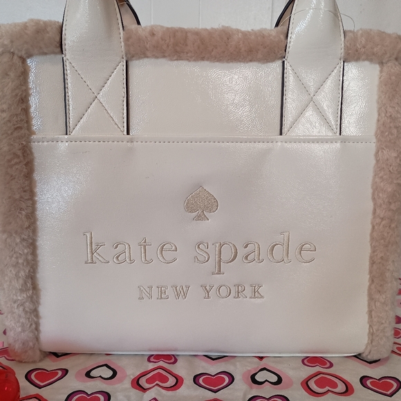 SOLD- Kate Spade Meringue Cream Off White  Shearling Trim Large Tote Bag Purse - Picture 2 of 16